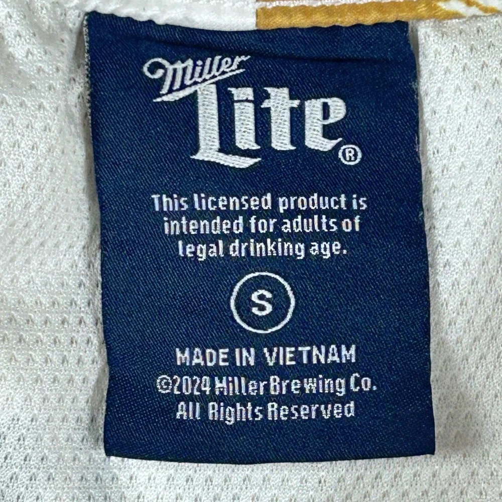 Miller Lite Beer Label Swim Trunks Men's Small White Logo Print Board Shorts
